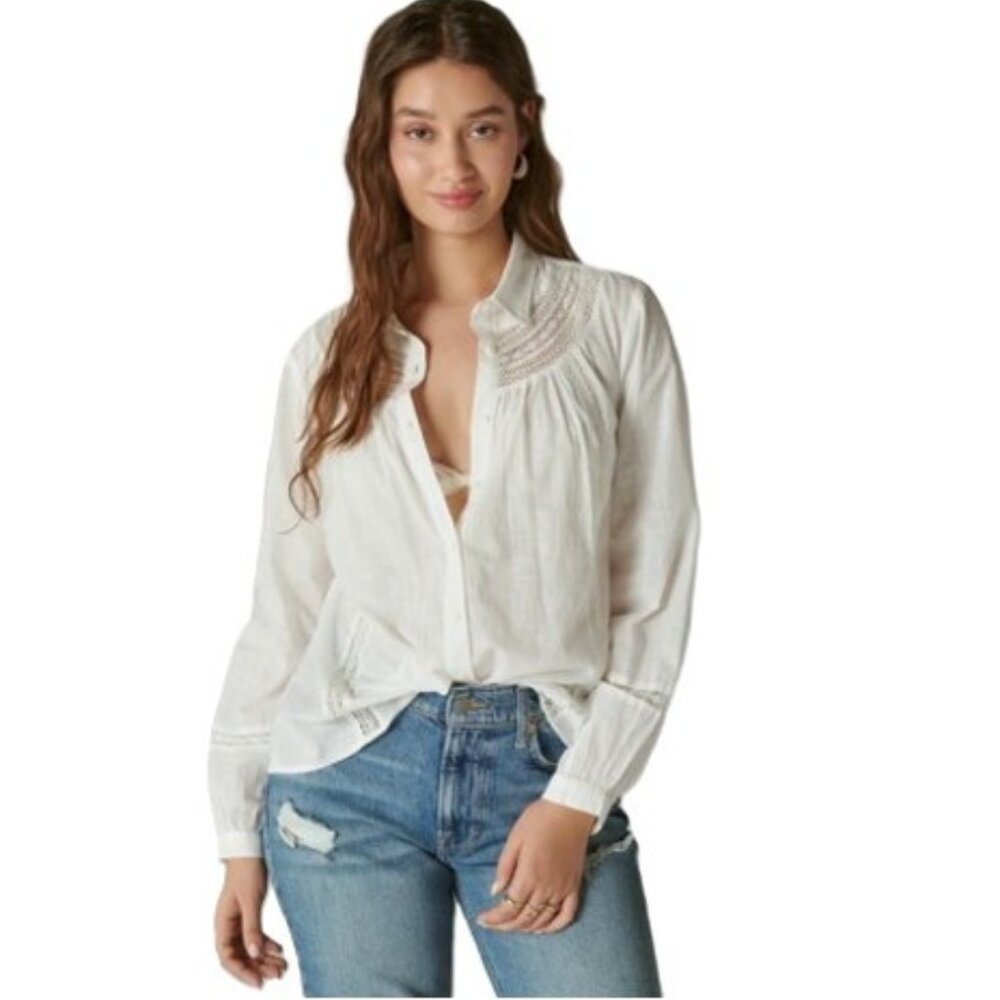Lucky Brand White Lace Trim Embroidered Button Down Shirt Sz XL